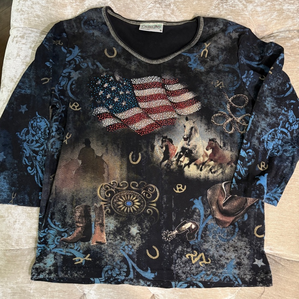 Cactus Bay - Blue and Black western motif 3/4 sleeve top